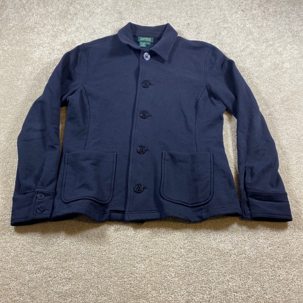 Lauren Ralph Lauren Knit Jacket Womens Large Navy Blue Button Front Crest Blazer